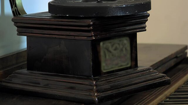 Male Hands Handling Antique Gramophone, Lifting From Wooden Table - Close-Up of Vintage Record Player Base and Details - 4K