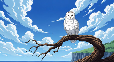 Barn Owl Perched on Gnarled Branch: Animated Vista