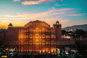 Hawa Mahal, the Palace of Winds in Jaipur. Famous Pink Sandstone Monument in Rajasthan, India