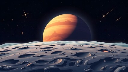 Space background with place for text. Surface of the planet with craters. Space decoration for your design. Stars and comets on dark background.