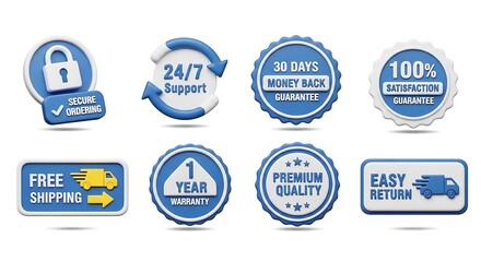 Blue and white badges illustrating e-commerce guarantees and benefits