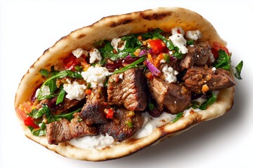 Delicious lamb gyro taco fusion featuring tender lamb, fresh vegetables, and creamy sauce served on a soft flatbread on a white background