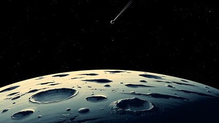 Space background with place for text. Surface of the planet with craters. Space decoration for your design. Stars and comets on dark background.