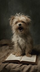 Small, Fluffy Dog with Open Mouth Sitting on Open Book in Dramatic Lighting Portrait