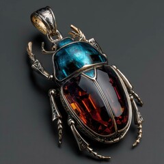 Elegant beetle pendant with colorful gemstones and intricate metalwork on dark background