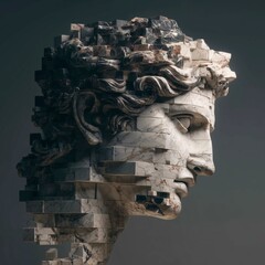 Abstract Sculpture of a Classical Greco-Roman Male Bust Made from Marble with a Pixelated Effect