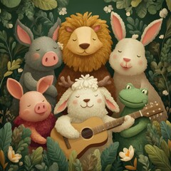 Whimsical Animal Friends Playing Music in a Lush Forest with Friendly Expressions