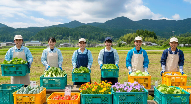 Japanese Farmers Harvesting Fresh Organic Vegetables in Picturesque Countryside