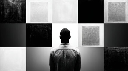 Black and white graphic design depicting the back view of a man standing in front of differently sized squares, each representing an abstract element or feature of his character. 