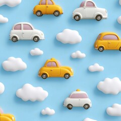 Colorful Toy Cars and Clouds on Light Blue Background for Kids or Children's Concept Design