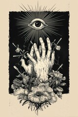Surreal black and white illustration of a hand reaching up through flowers with an eye and radiant lines above