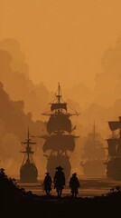 Silhouetted sailors and ships at sunset with dramatic cloudy sky in the background