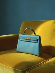 Elegant Blue Leather Handbag Resting on a Yellow Velvet Sofa with Dramatic Lighting