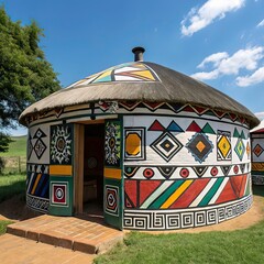 Roundavel in ethnic Ndebele painting style. South Africa. Tribal art. Rondavels - african traditional houses 