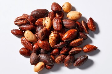 Obraz premium Miso roasted nuts create a unique snack experience with rich flavors on a white background