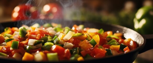 The vibrant skillet of sautéed vegetables steaming on the stove.