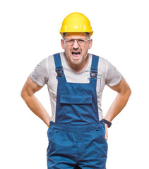 Rage middle-aged construction worker screaming, isolated on white background. Frustrated repairman. Craftsman against white wall