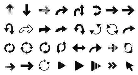 An array of black arrow icons isolated on a surface, showcasing various directions and movements. 