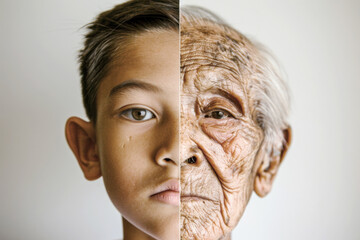 Split screen comparison of elderly and young asian man, concept of aging