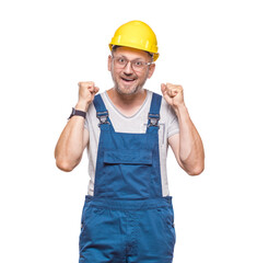 Winner construction worker with clenched fist celebrating her success, isolated on white...