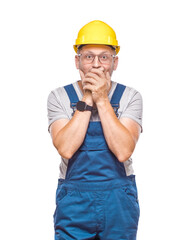 Mistake. Frightened middle-aged construction worker stare to you, isolated on white background. Craftsman against white wall
