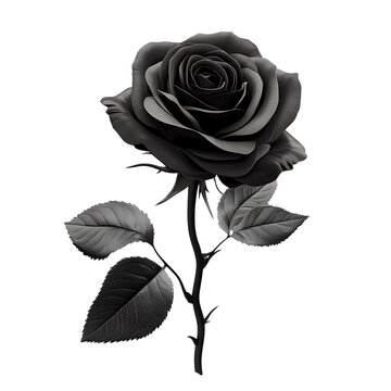 Black rose flower on white background. Isolated 3d render of elegant gothic open rose on stem with leaves. Floristics icon, tattoo   white background in PNG format.
