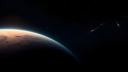 Space background with place for text. Surface of the planet with craters. Space decoration for your design. Stars and comets on dark background.