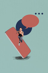 Sketch poster art photo collage of happy girl guy stand smartphone bubble notification...