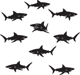 Silhouettes of various sharks swimming in different poses including an aggressive one