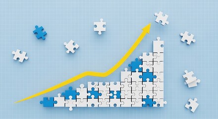 Progressive Puzzle: Jigsaw pieces forming a chart, depicting growth and development, with a yellow arrow pointing upward. Emphasizing the power of collaboration.