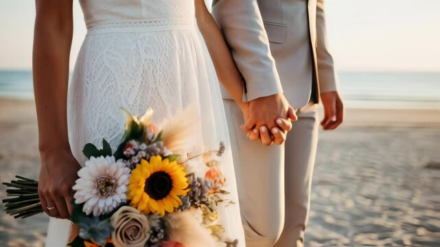A bride and groom hold hands on the beach at sunset, the bride holding a bouquet of sunflowers. Romantic wedding ceremony. Footage for wedding agency, event planning, and romantic travel