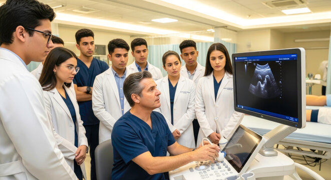 Medical Students Learning Ultrasound Technology: A Comprehensive Guide to Sonography - Powered by Adobe