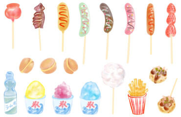かわいい屋台の食べ物セット　手描き