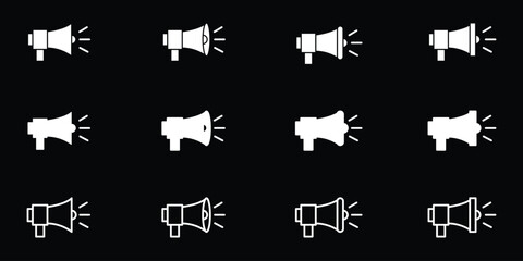 Megaphone icon. Loudspeaker vector set. Announcement sign. Marketing megaphone sign. Speaker volume icon with sound waves. Sound off and sound on vector icons. Sound speaker icon in black outline. 