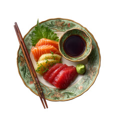 Sushi platter presentation japanese restaurant food photography indoor setting close-up view illustrator with transparent background