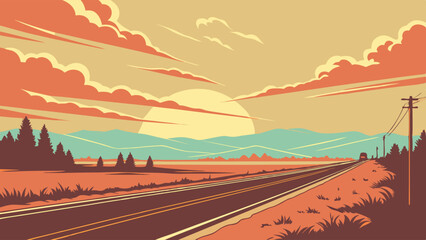A stylized illustration of a highway stretching towards mountains under a sunset sky with clouds.