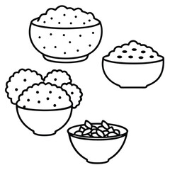 Four bowls of food with black dots and wavy tops black and white line art