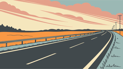 A stylized illustration of a winding road through a golden field at sunset.