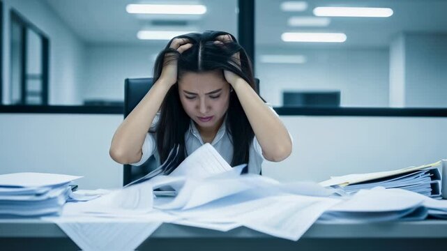 A stressed asian businesswoman clutches her head at a desk full of papers. Concept of overwork, deadline pressure and burnout. Use for mental health in the workplace, stress management services