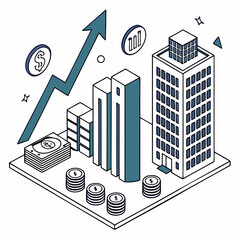 Isometric illustration showing financial growth with rising graph, building, and stacks of money.