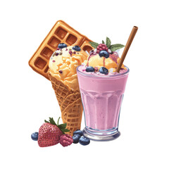 Refreshing dessert delight ice cream and waffle treats on transparent background illustrator style