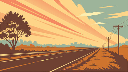 Retro road trip landscape at sunset, with highway, trees, and power lines.