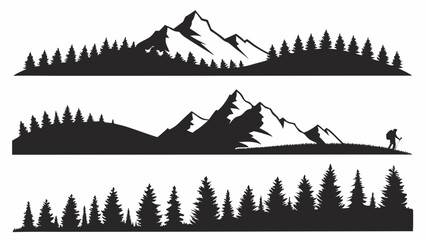 Silhouetted mountain ranges with dense forests and a hiker traversing the terrain.
