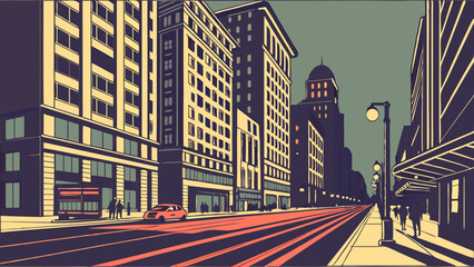 City street scene with tall buildings, a red car, and pedestrians under streetlights, rendered in a graphic style.