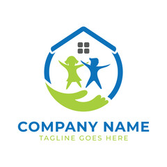 Caring Home Logo with Children and Protective Hand Vector Design for Childcare and Family Services Provider