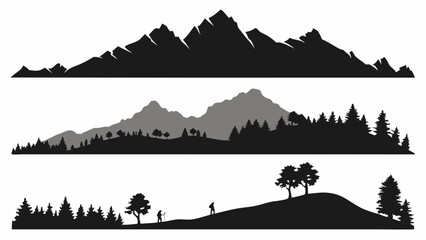 Silhouette illustrations of mountain ranges and trees, showcasing outdoor landscapes.