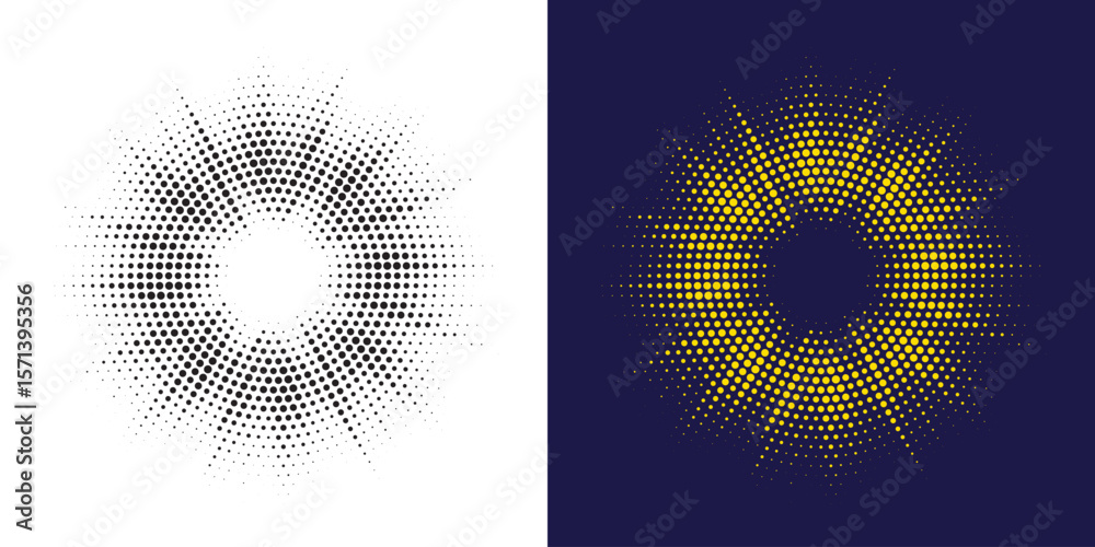 Poster Set of black halftone grunge circle. Vector modern dots halftone arts. Halftone circle frame background set. Round border Icon using halftone random circle. Grunge circular stain. Vector illustration.