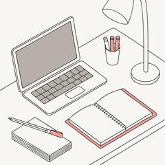 Isometric view of a workspace with laptop, notebook, lamp, and pens.