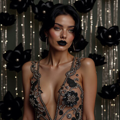 Fashion portrait of young woman in black jewelry dress