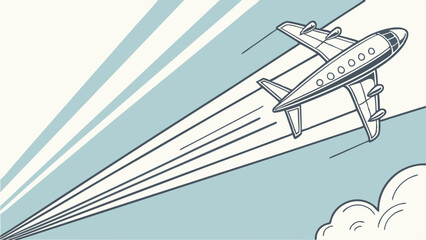 An airplane streaks across a blue sky with motion lines, symbolizing flight.
